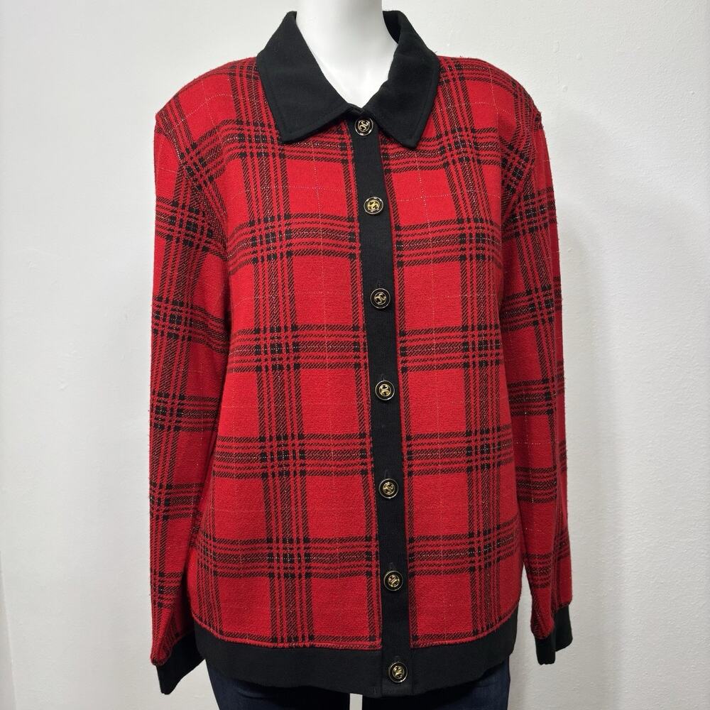 Cathy Daniels Jacket M Red Black Metallic Plaid Gold Button Classic Retro Vtg